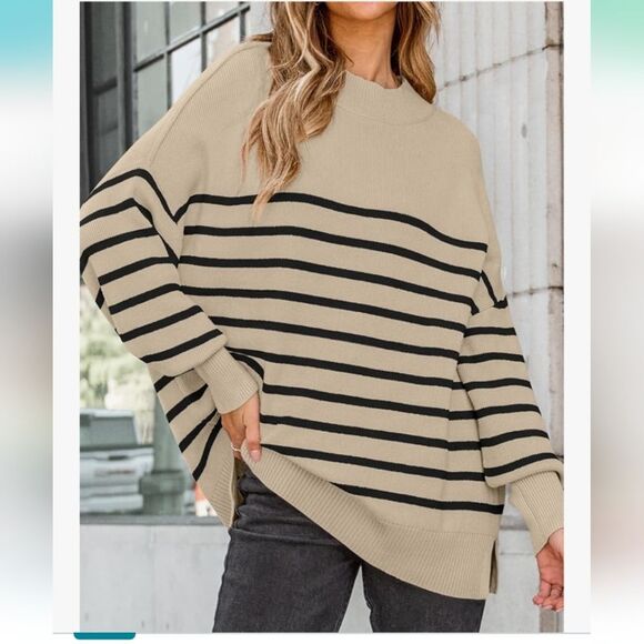 OVSZD Beige Black Striped Sweater Women’s S NWT New in Package Soft Knit Cozy - Picture 1 of 5